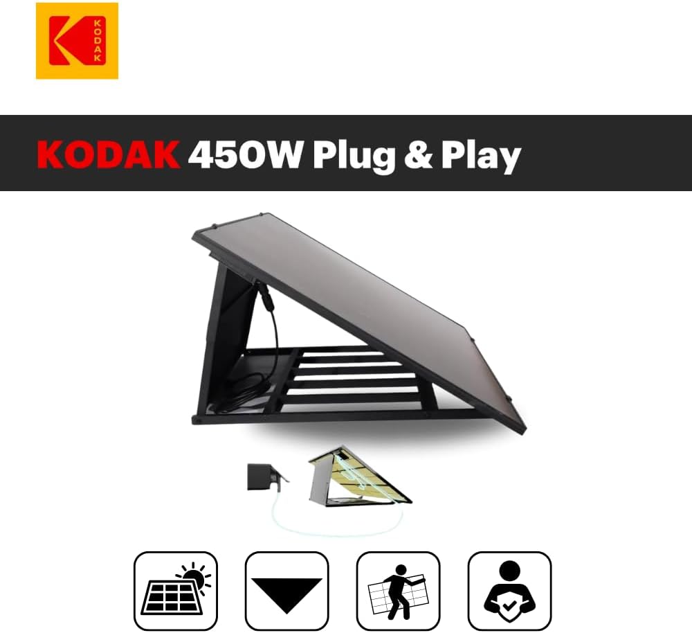 KODAK Station Solaire 450W Plug & Play avec Micro-onduleur Envertech EVT-400R - Technologie Bifaciale jusqu'à + 20% de Rendement - Cellules monocristallines – Installation ultra-Rapide